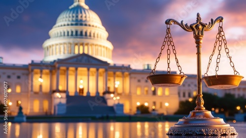 Us Capitol Building at Dusk with Scales of Justice