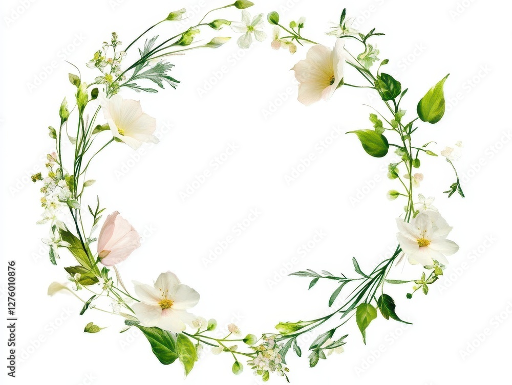 Naklejka premium Elegant Floral Wreath Delicate White Flowers and Lush Greenery.