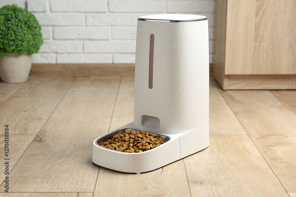 Dry pet food in automatic feeder on floor indoors Dry pet food in automatic feeder on floor indoors