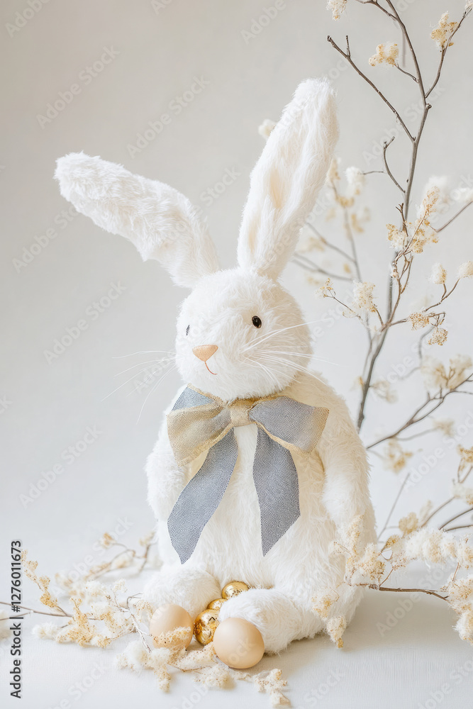 Obraz premium A high-fashion modern Easter Bunny, designed with elegant calligraphy-inspired lines and luxurious Peach Fuzz, chambray blue, and gold color accents.