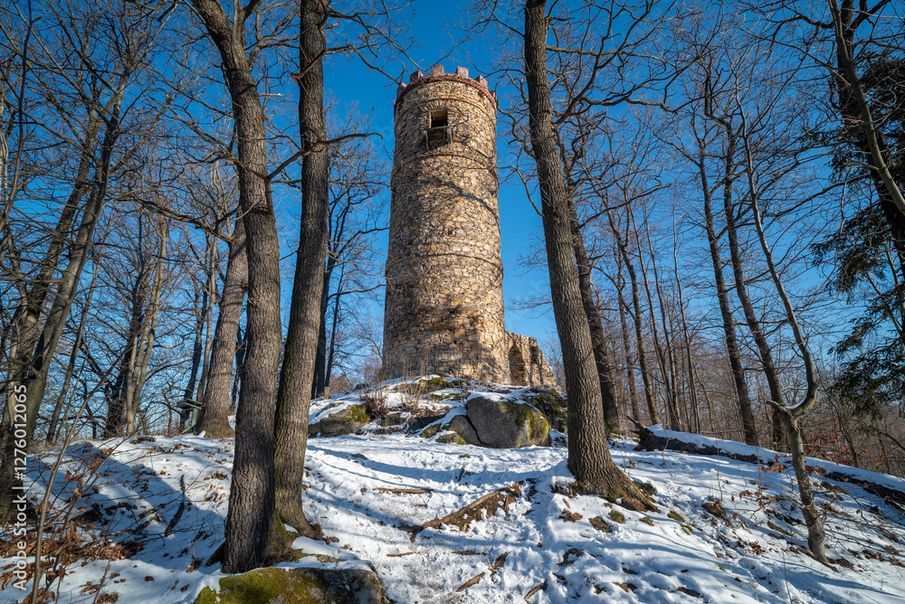 Obraz premium A stone observation tower in the landscape park in the village of Bukowiec in the Karkonosze Mountains near Kowary 