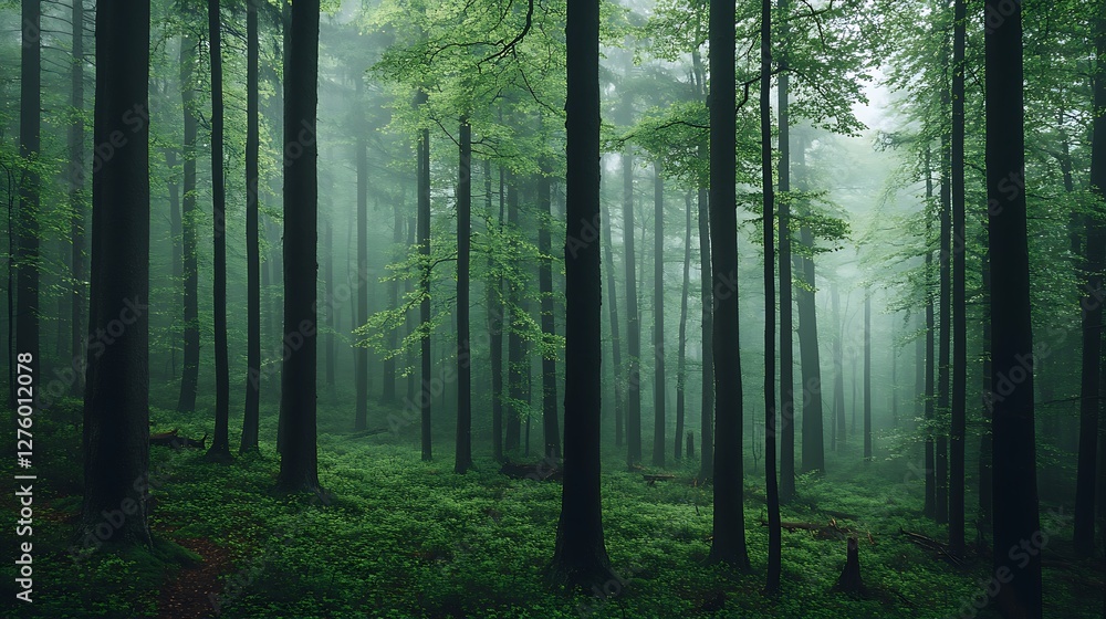 Obraz premium Misty Green Forest Tall Trees Lush Undergrowth