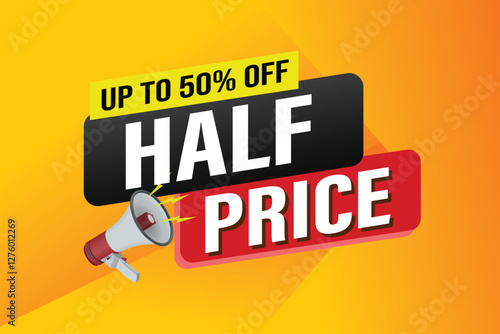 half price sale word mega phone concept vector illustration and 3d style, landing page, template, ui, web, mobile app, poster, banner, flyer, background, gift card, coupon, label, wallpaper

