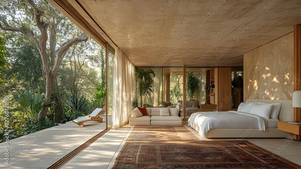 Fototapeta premium Luxurious bedroom, forest view, sliding doors, tranquil setting; home interior design