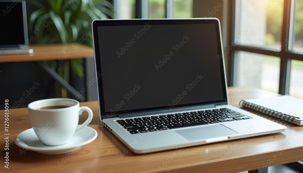 Modern Workspace Setup in Natural Light with Coffee and Notebook for Remote Work with Copy Space Modern Workspace Setup in Natural Light with Coffee and Notebook for Remote Work with Copy Space