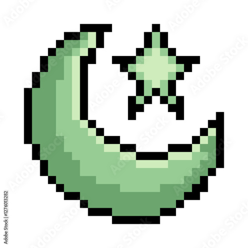 Crescent moon and star shape in pixel art