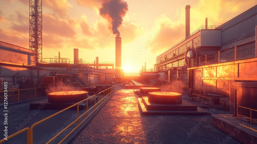 An industrial scene at sunset, featuring smokestacks, glowing pools, and a vibrant sky, highlighting the contrast between nature and industry. An industrial scene at sunset, featuring smokestacks, glowing pools, and a vibrant sky, highlighting the contrast between nature and industry.