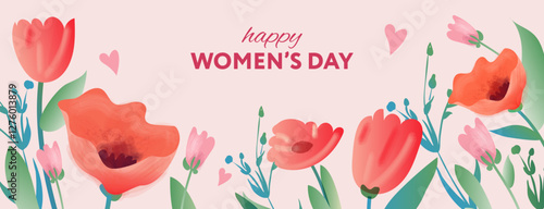 International Womens Day poster or banner with flowers. Promotion and shopping template for 8 March and womens day concept, vector illustration