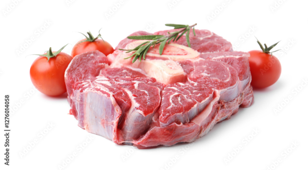 Piece of raw beef meat, rosemary and tomatoes isolated on white Piece of raw beef meat, rosemary and tomatoes isolated on white