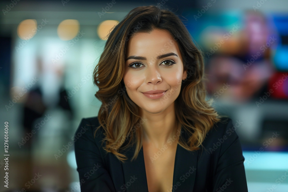 Generative AI Image of Female Television Host Conducting Live Interview in Studio Generative AI Image of Female Television Host Conducting Live Interview in Studio