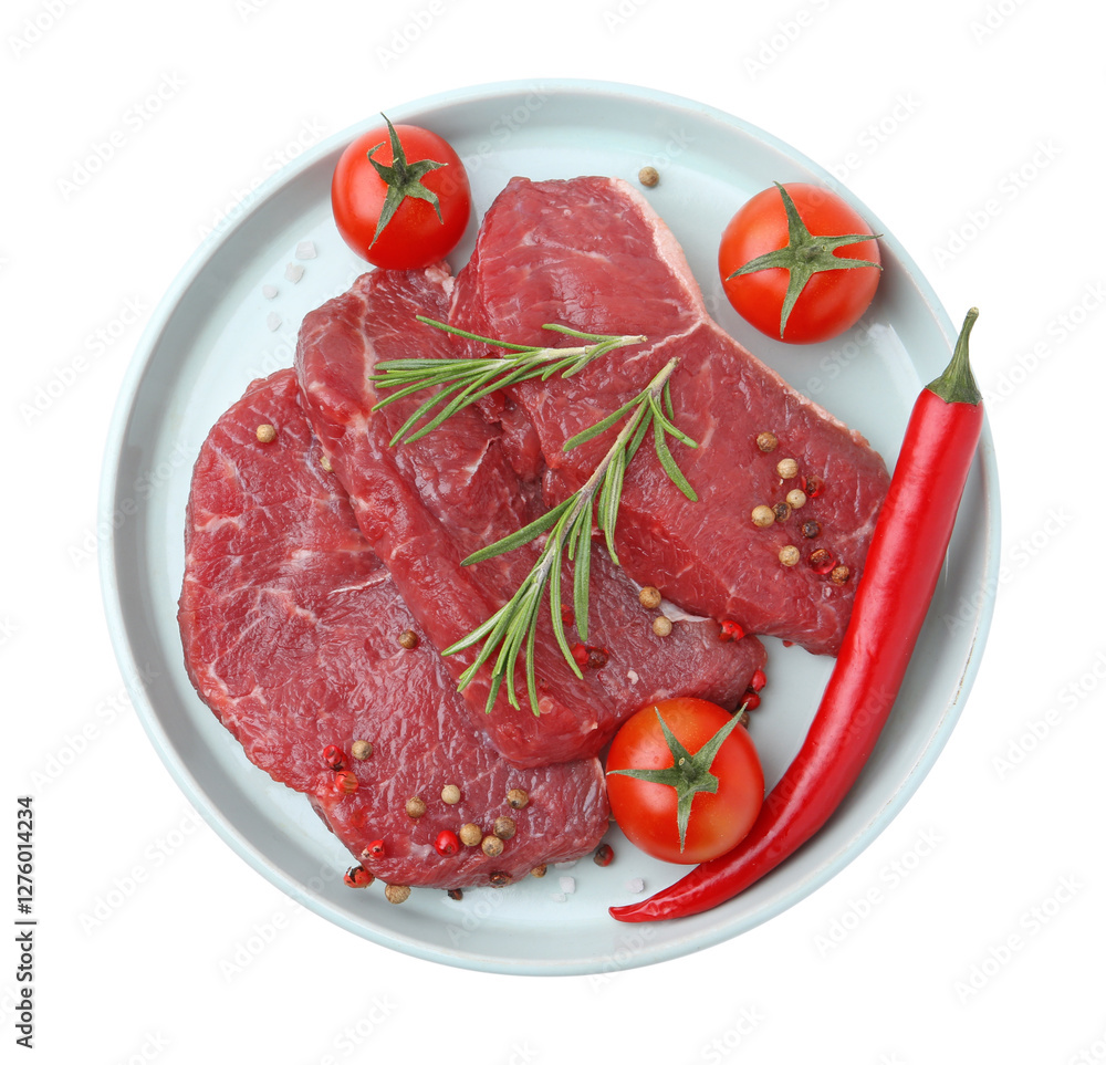 Fototapeta premium Pieces of raw beef meat, spices and tomatoes isolated on white