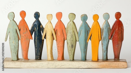 A group of multicolored wooden people holding hands, visually expressing cooperation and cultural unity
