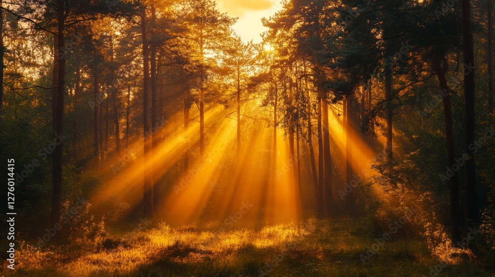 Sunset view with warm, golden sunlight streaming through a forest, illuminating the trees and creating a beautiful contrast Sunset view with warm, golden sunlight streaming through a forest, illuminating the trees and creating a beautiful contrast