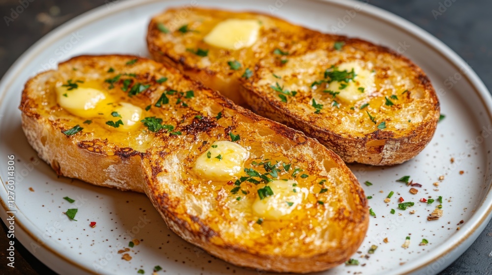 Toasted bread with a golden-brown crust, arranged with pats of butter melting on top, placed on a white ceramic plate for a classic morning meal Toasted bread with a golden-brown crust, arranged with pats of butter melting on top, placed on a white ceramic plate for a classic morning meal