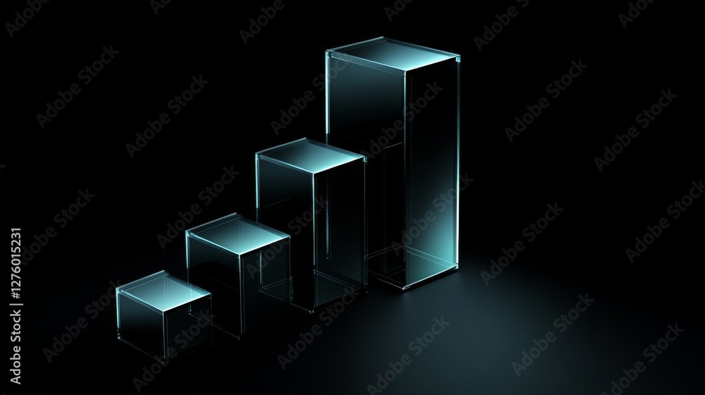 Transparent D bar graph with glowing edges, set against a dark background for a modern, tech-inspired look