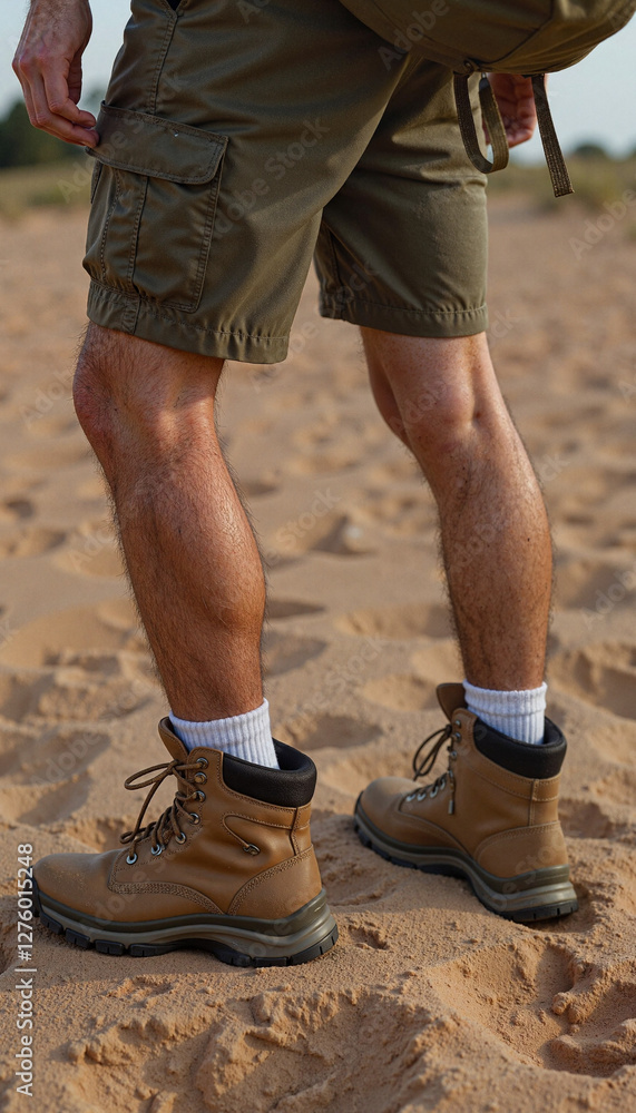 Stylish safari adventure in hiking shorts on sandy terrain, outdoor exploration Stylish safari adventure in hiking shorts on sandy terrain, outdoor exploration