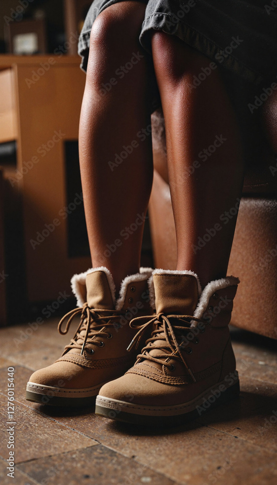 Cozy legs in stylish snow boots on rustic floor, winter warmth Cozy legs in stylish snow boots on rustic floor, winter warmth