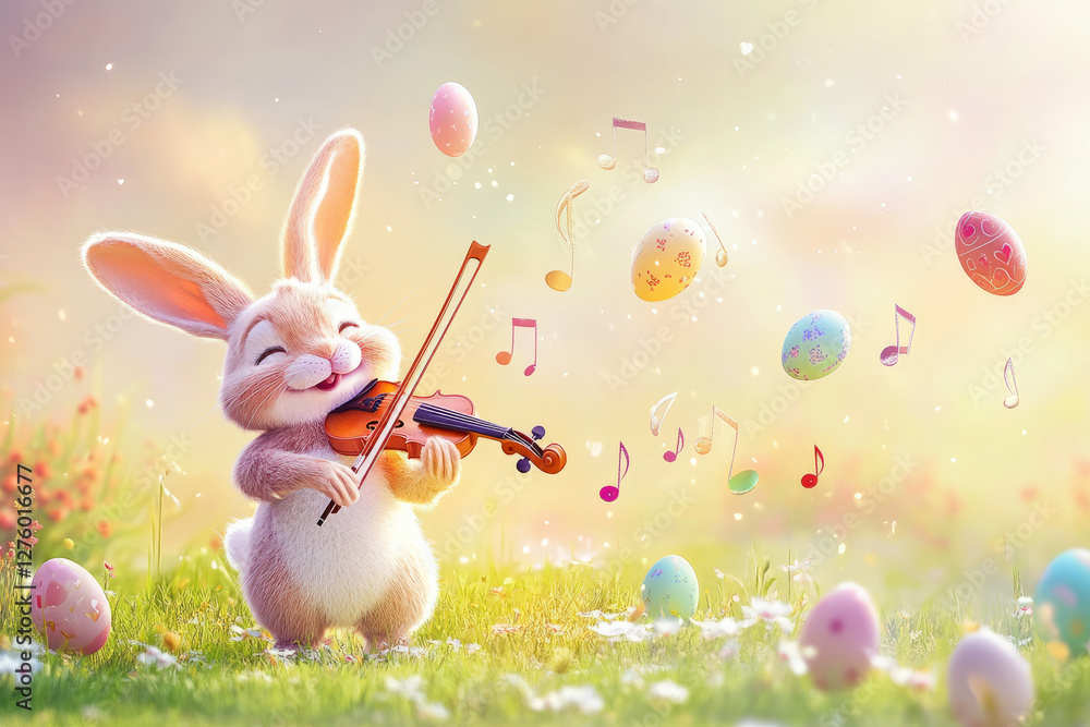 A joyful Easter Bunny playing a tiny violin, with musical notes forming into floating pastel eggs in the soft springtime air.