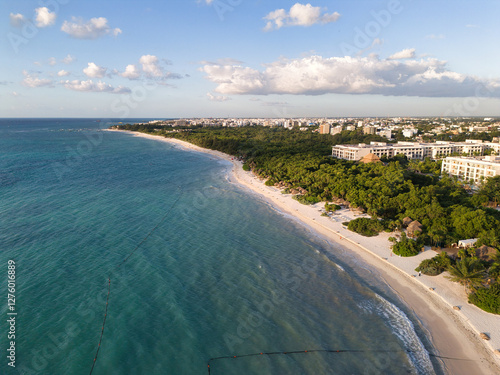 Sunrise on the beach in Central America, drone photo