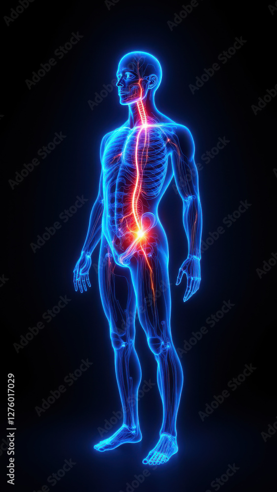 An anatomical illustration with a blue-colored humanoid figure showing internal organs and the nervous system with red lines highlighting the vagus nerve stimulation. An anatomical illustration with a blue-colored humanoid figure showing internal organs and the nervous system with red lines highlighting the vagus nerve stimulation.