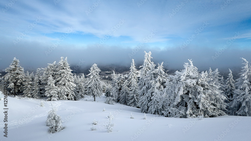 Obraz premium Piękny krajobraz zimowy w górach polskich. Góry Izerskie, widok ze Stogu Izerskiego, Dolny Śląsk, Polska. Beautiful winter landscape in the Polish mountains. Izera Mountains, view from Stog Izerski.