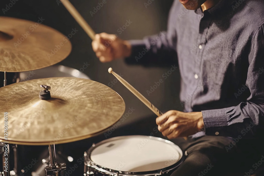 Obraz premium Cymbals clash powerfully during an energetic performance by a drummer in a dimly lit studio