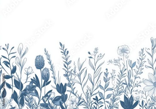 Botanical seamless border with trendy meadow greenery and flowers. Hand drawn thin line art style pattern for wedding invitation, wall art and card template. Vector illustration