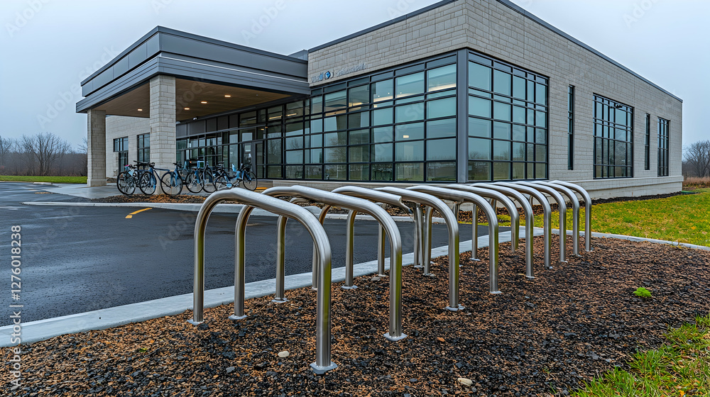 Modern office building, bike racks, overcast day, employee parking Modern office building, bike racks, overcast day, employee parking