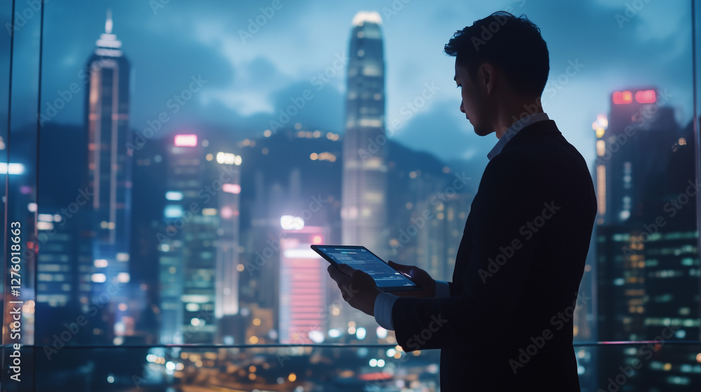 Businessman works late on his digital tablet with view on a modern skyscrapers Businessman works late on his digital tablet with view on a modern skyscrapers