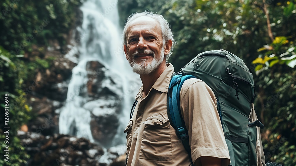 Happy senior hiker with backpack smiling near a waterfall in lush rainforest. Happy senior hiker with backpack smiling near a waterfall in lush rainforest.