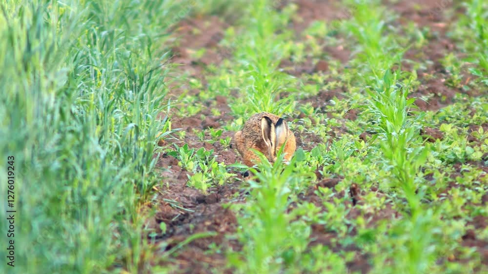 one European hare (Lepus europaeus) runs across a young corn field and looks for food in Hanover, Lower Saxony, Germany, Europe one European hare (Lepus europaeus) runs across a young corn field and looks for food in Hanover, Lower Saxony, Germany, Europe