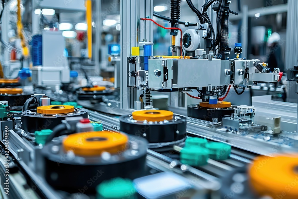 A high-tech manufacturing assembly line featuring robotic arms, conveyor belts, and colorful components in a modern industrial setting. A high-tech manufacturing assembly line featuring robotic arms, conveyor belts, and colorful components in a modern industrial setting.