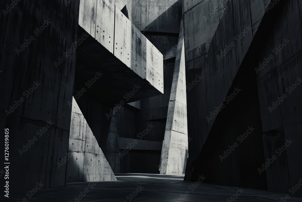Fototapeta premium A brutalist urban backdrop with massive concrete structures, deep shadows, and an eerie, dystopian ambiance.