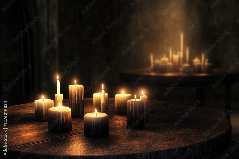 Elegant candle arrangement on wooden table with soft lighting for a serene atmosphere Elegant candle arrangement on wooden table with soft lighting for a serene atmosphere