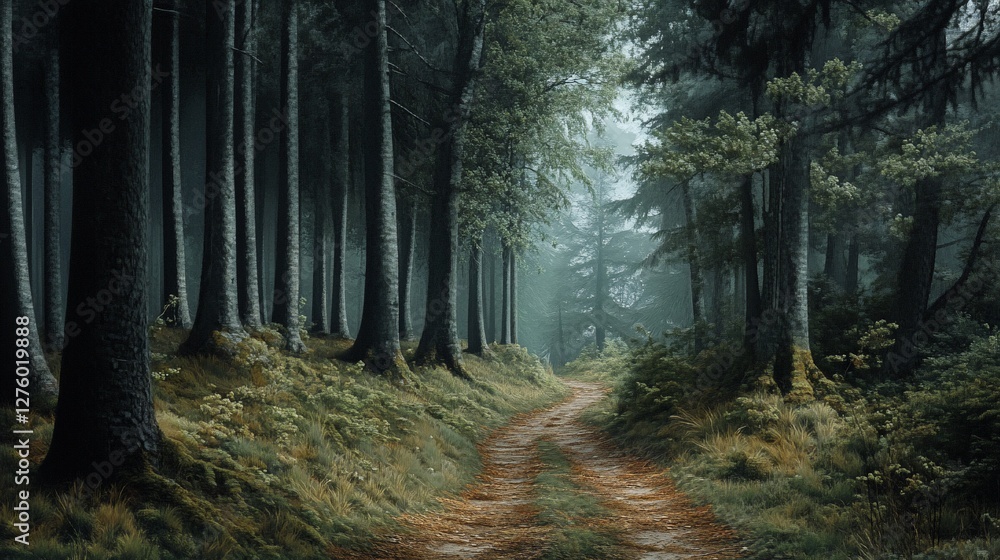 Obraz premium Misty forest path with tall trees.