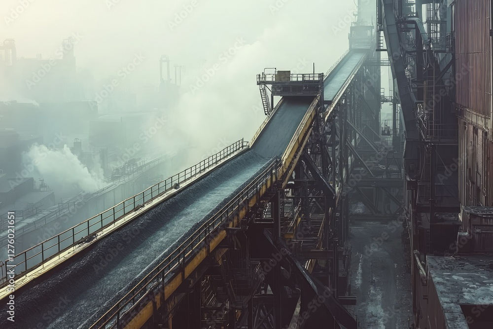 Fototapeta premium A foggy industrial scene featuring a conveyor belt system transporting materials, surrounded by machinery and structures.