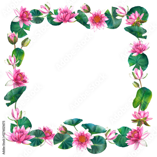Wallpaper Mural Pink water lily flowers with leaves and buds. Floral square frame with place for text. Hand drawn watercolor illustration of lotus on isolated background. Botanical drawing for spa or zen design. Torontodigital.ca