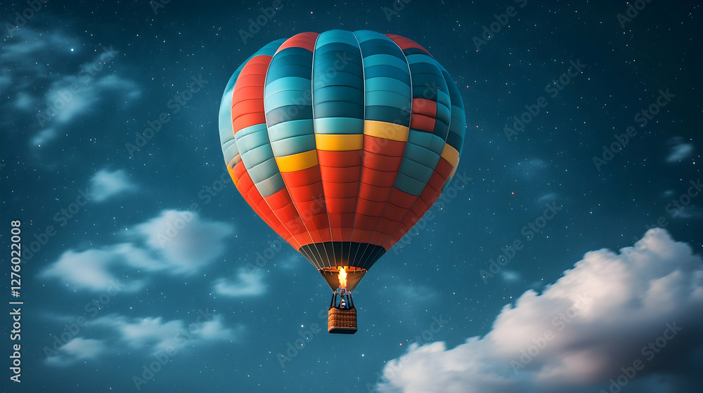 Fototapeta premium Night hot air balloon flight, stars, clouds, adventure travel