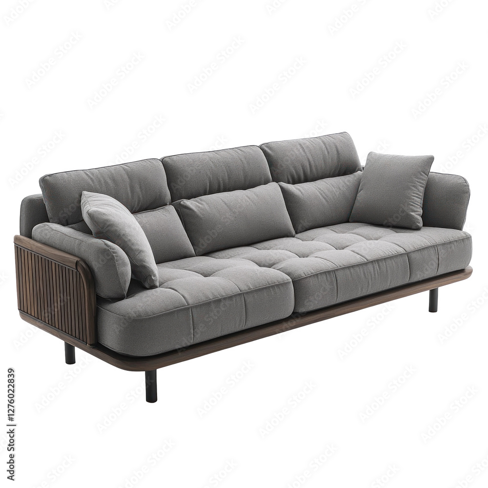 Fototapeta premium Modern gray sofa with wooden accents in a cozy room isolated on png transparent background, cut out