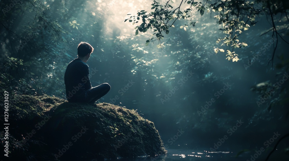 Fototapeta premium Silhouetted person meditating in a forest with mystical lighting