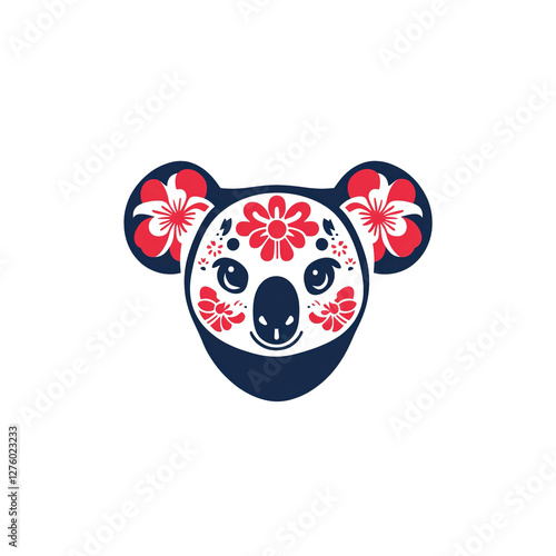 Floral Koala Design Dark Blue and Red Koala Bear with Flowers photo