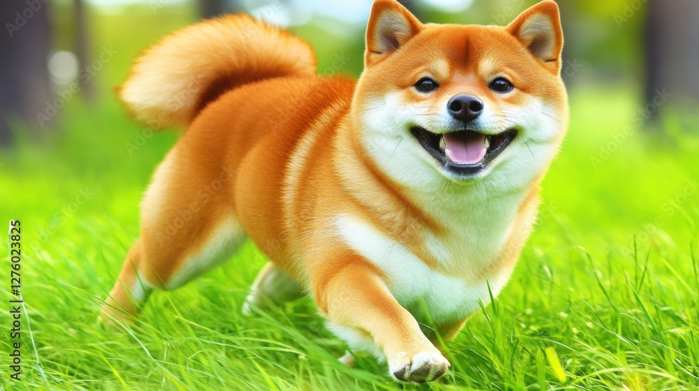 Happy Shiba Inu Running Through Green Grass On A Sunny Day Happy Shiba Inu Running Through Green Grass On A Sunny Day