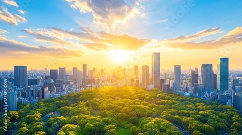 Stunning Tokyo Skyline Sunset Over Lush Green Park