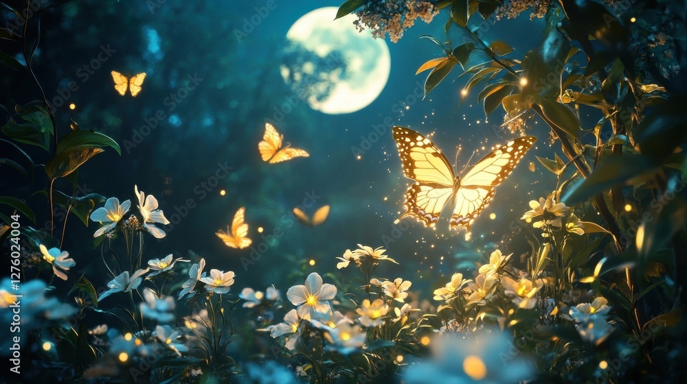 Obraz premium magical moonlit garden with glowing butterflies