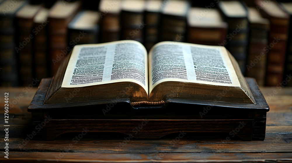 Obraz premium Open antique bible on wooden lectern, library background; religious, education concept