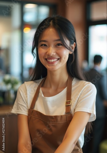 Smiling barista serving coffee in a cozy café during a bustling morning Free Download Smiling barista serving coffee in a cozy café during a bustling morning - GFXLoad