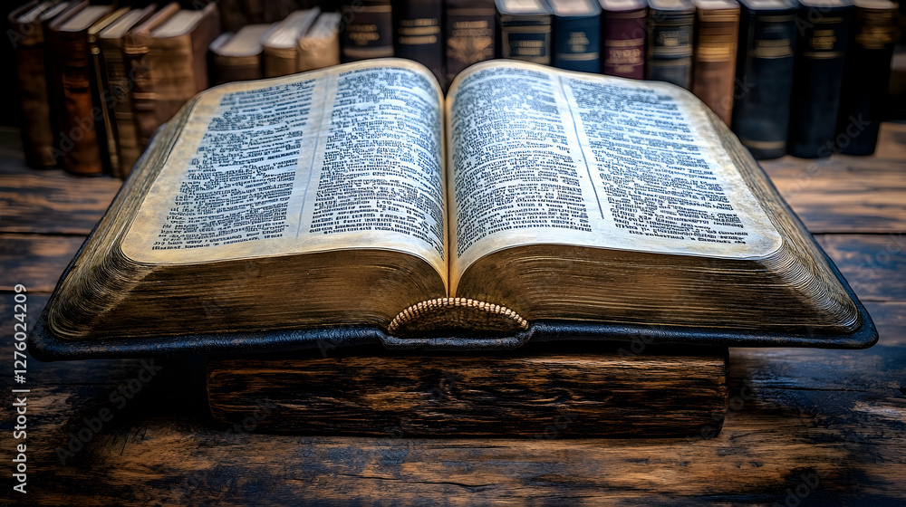 Obraz premium Open antique book on wooden desk, library background; education, religion concept