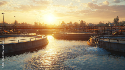 industrial water treatment plant with massive filtration tanks, where clear, purified water flows through advanced purification systems. photo