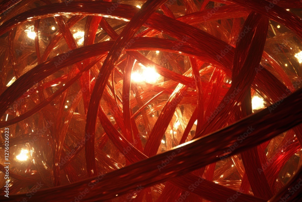 Fototapeta premium Entangled Copper Wires Abstract Metallic Structure with Bright Interior Lighting Close Up