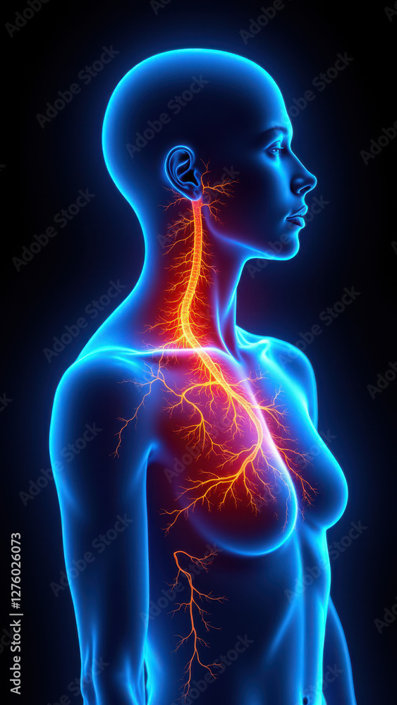 VNS - Vagus Nerve Stimulation visualized on a human torso with highlighted nerves and heart. VNS - Vagus Nerve Stimulation visualized on a human torso with highlighted nerves and heart.